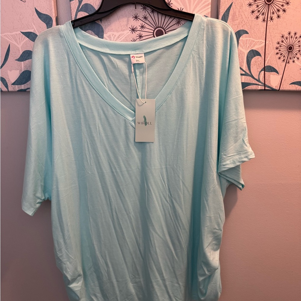 Wiholl  women’s Mint Blue V‑Neck Short Sleeve Tee brand new s. 3xl
